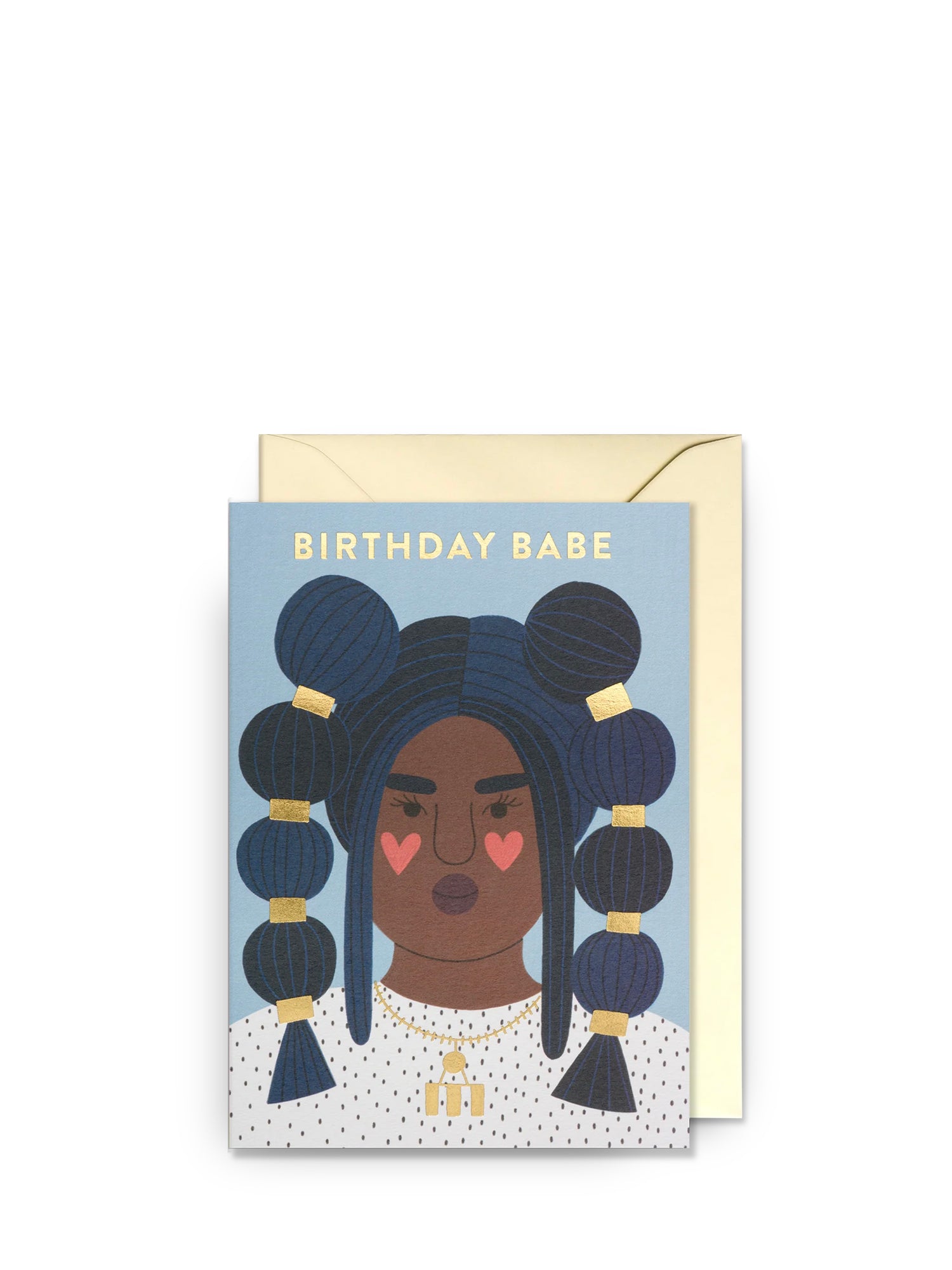 Greeting card with illustration of a woman with braided hair and 'Birthday Babe' text on a blue background.