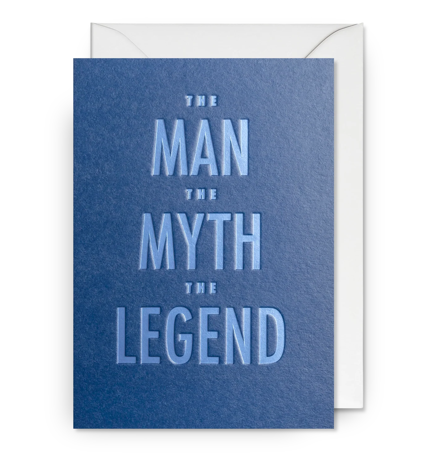 Blue card with 'The Man, The Myth, The Legend' text on a white background