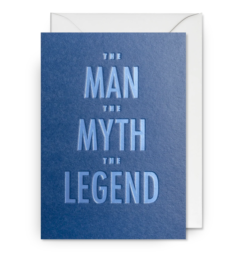 Blue card with 'The Man, The Myth, The Legend' text on a white background