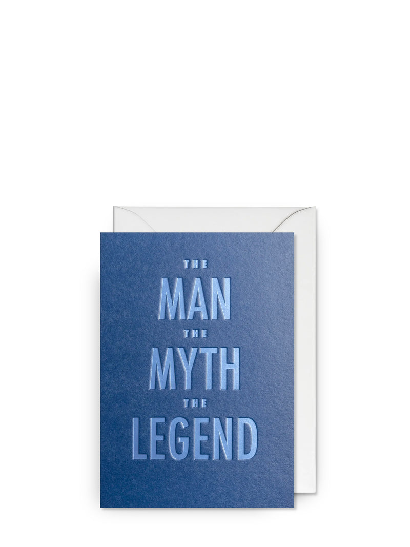 Greeting card with 'The Man, The Myth, The Legend' text on a blue background