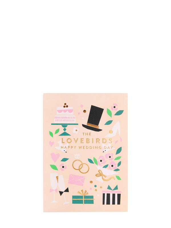 Greeting card titled 'The Lovebirds' on a white background