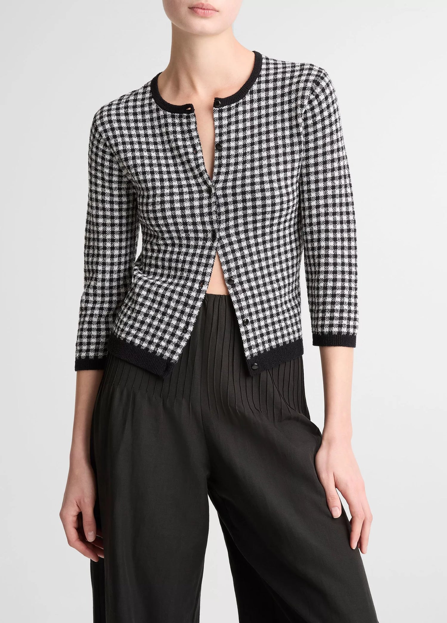 Gingham 3/4 sleeve knitted cardigan, black/white