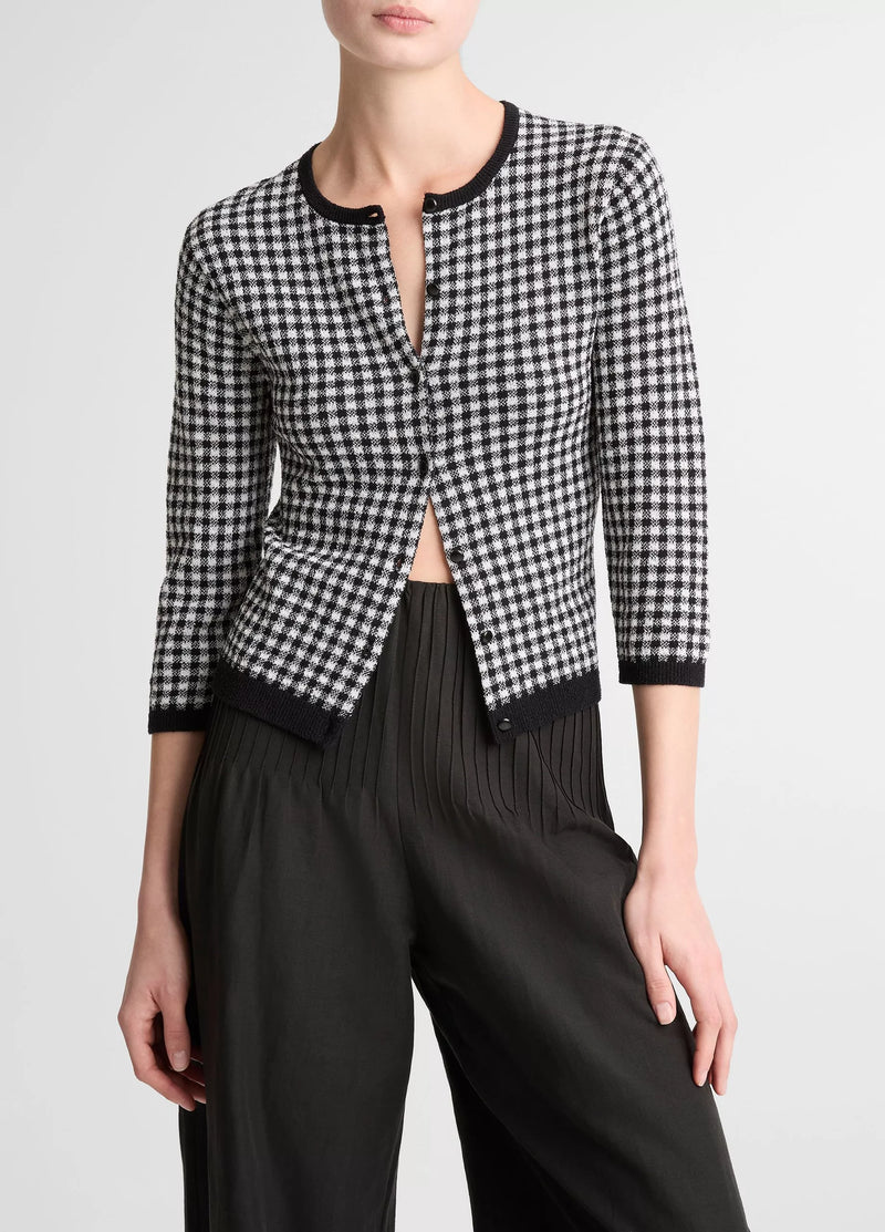 Gingham 3/4 sleeve knitted cardigan, black/white