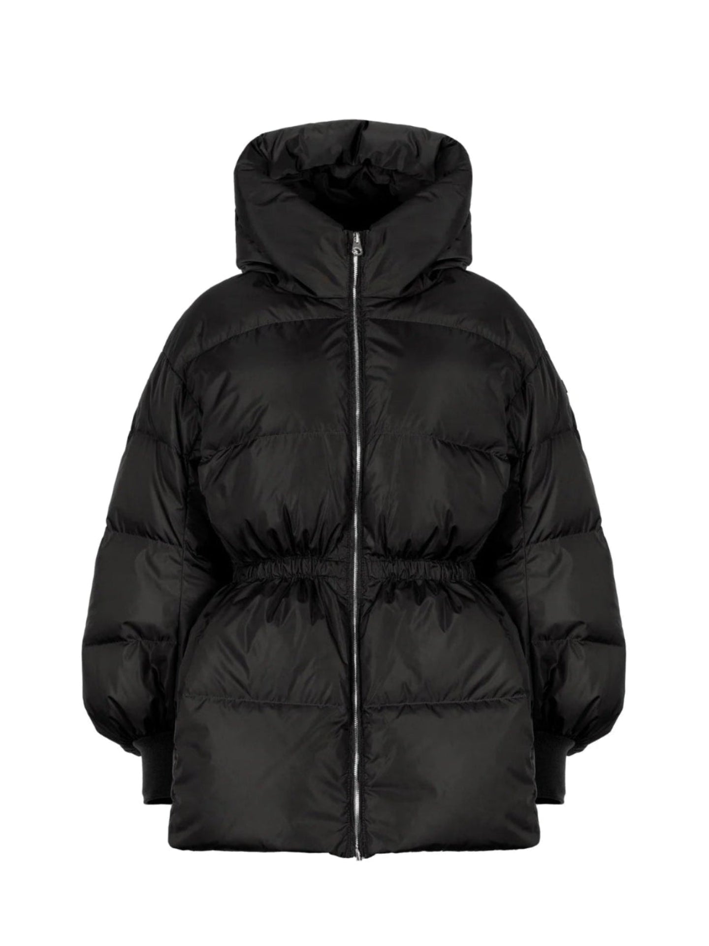 Black puffer jacket with a hood on a white background