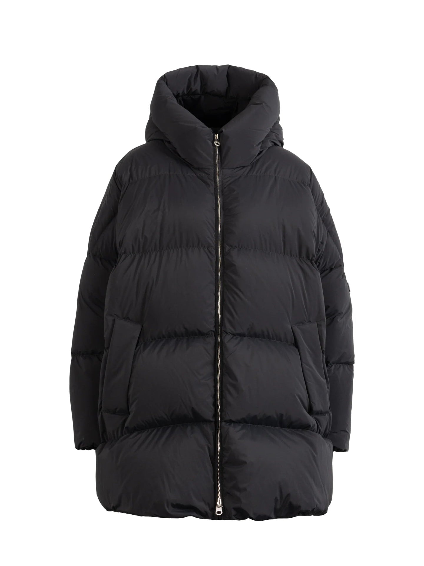 Black puffer jacket on a white background