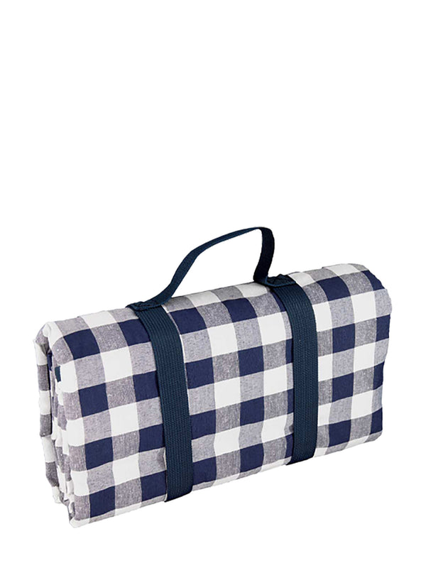 A rolled-up picnic tablecloth with a traditional checkered blue and white pattern, featuring a carrying strap.