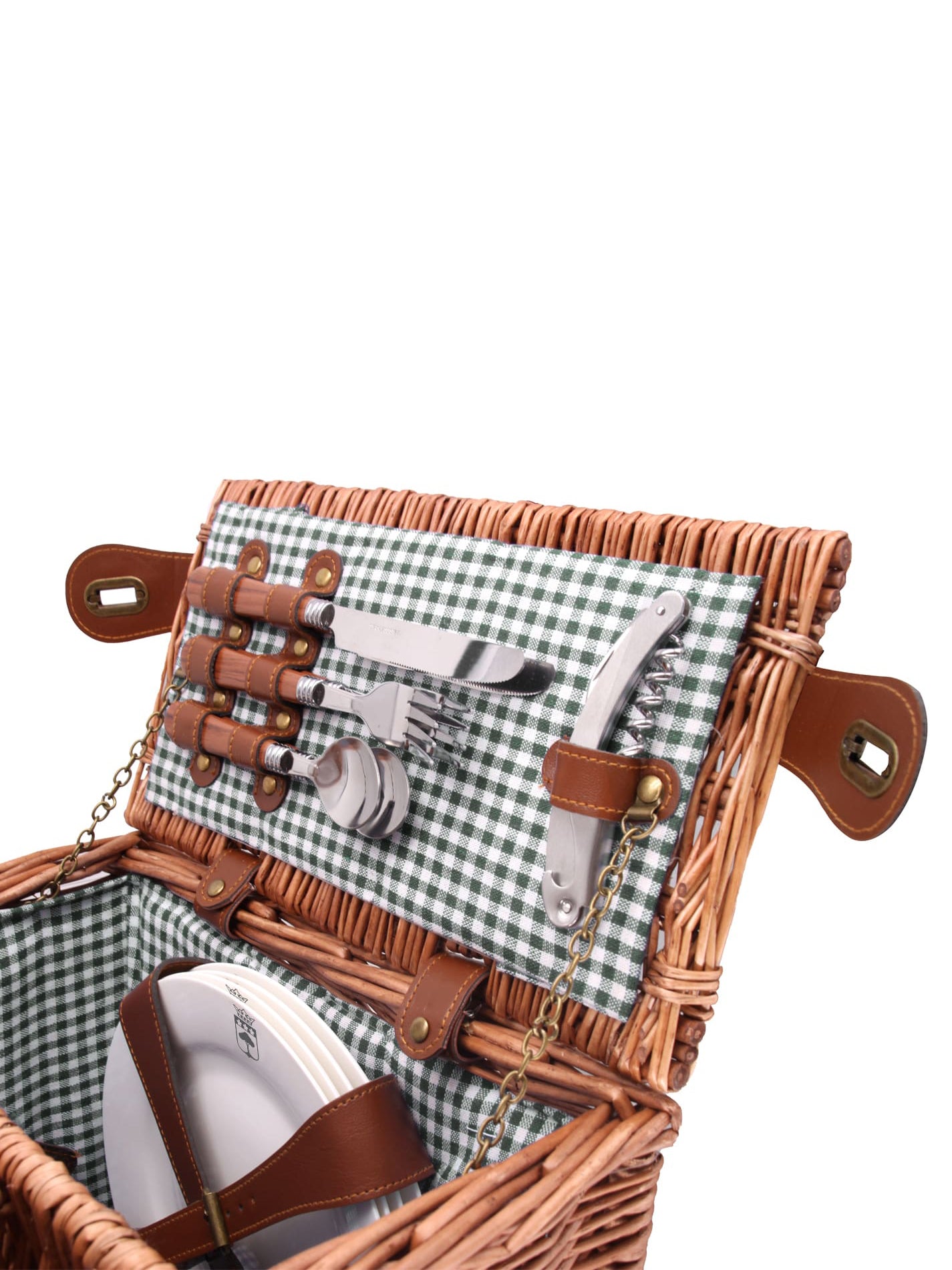 Wicker picnic basket with checkered cloth, cutlery, and plates inside
