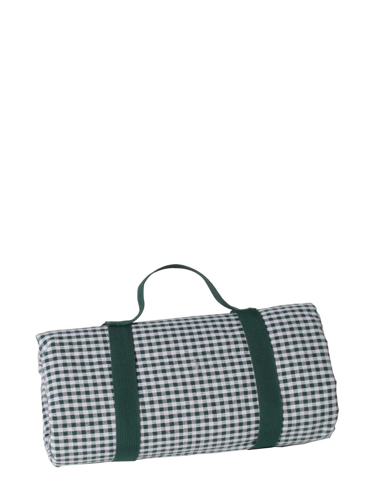 Checkered picnic blanket in traditional vichy pattern with green straps on a white background