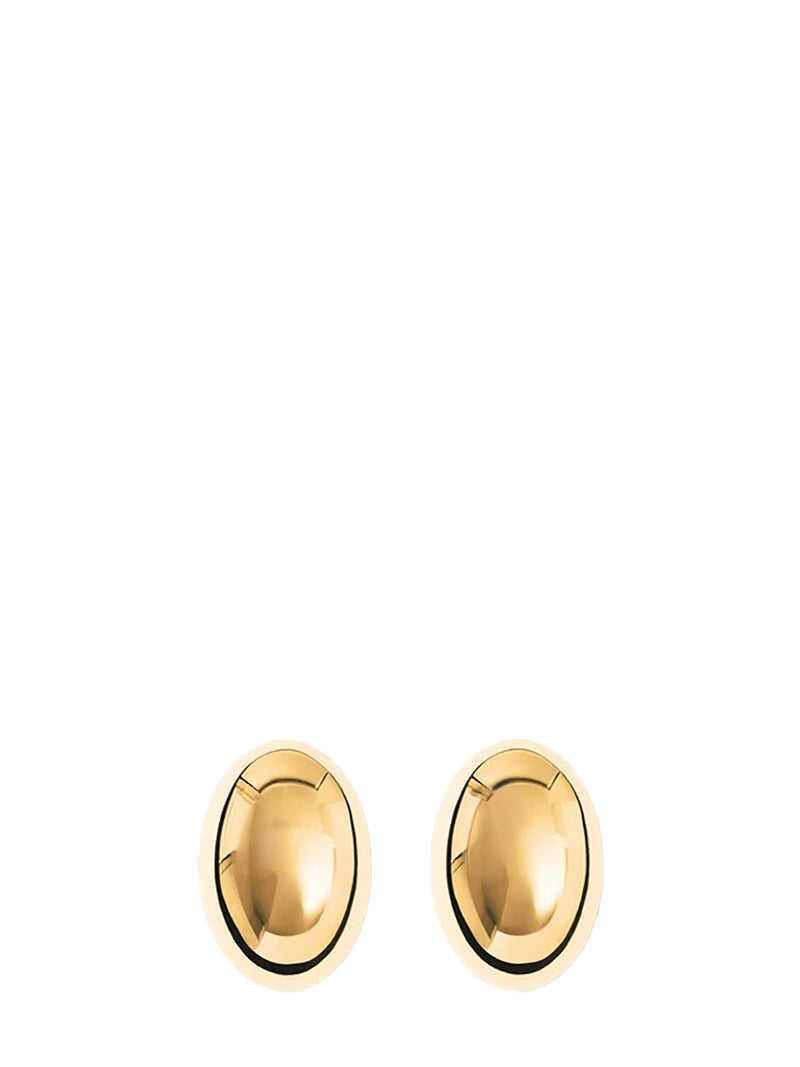 A pair of oval shiny golden earrings on a white background