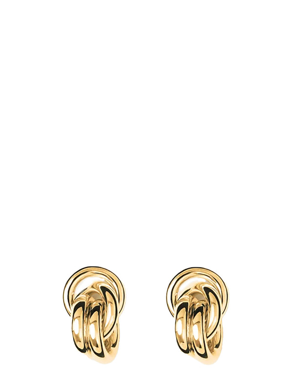 A pair of gold huggie hoop earrings with a twisted, interlocking knot design, shown on a plain white background.