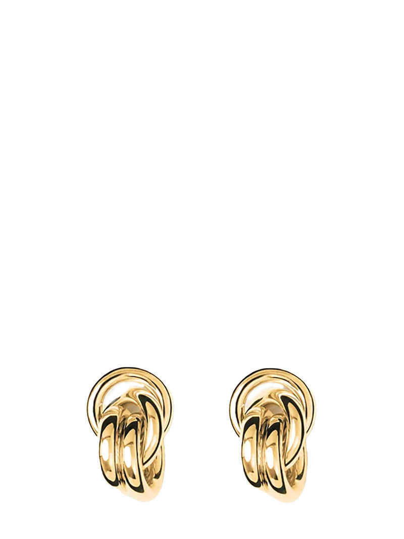 A pair of gold huggie hoop earrings with a twisted, interlocking knot design, shown on a plain white background.