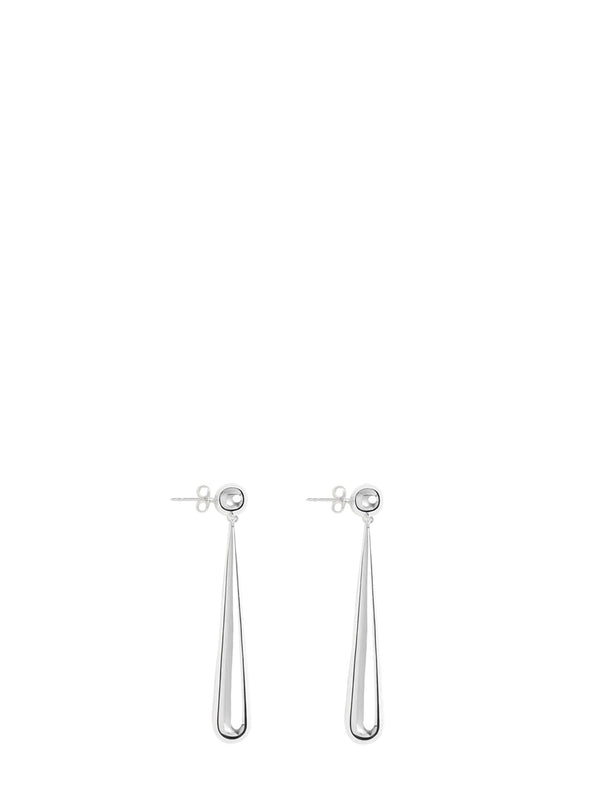 A pair of minimalist silver drop earrings with a small round bezel-set clear stone and a slender tapered drop, shown on a plain white background.