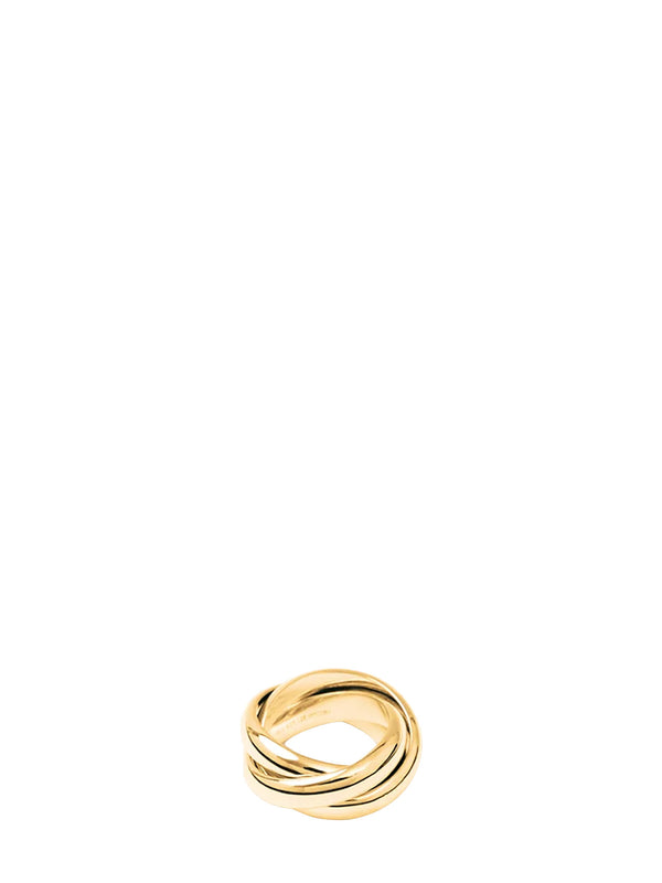 A gold twisted knot ring, photographed on a seamless white background.