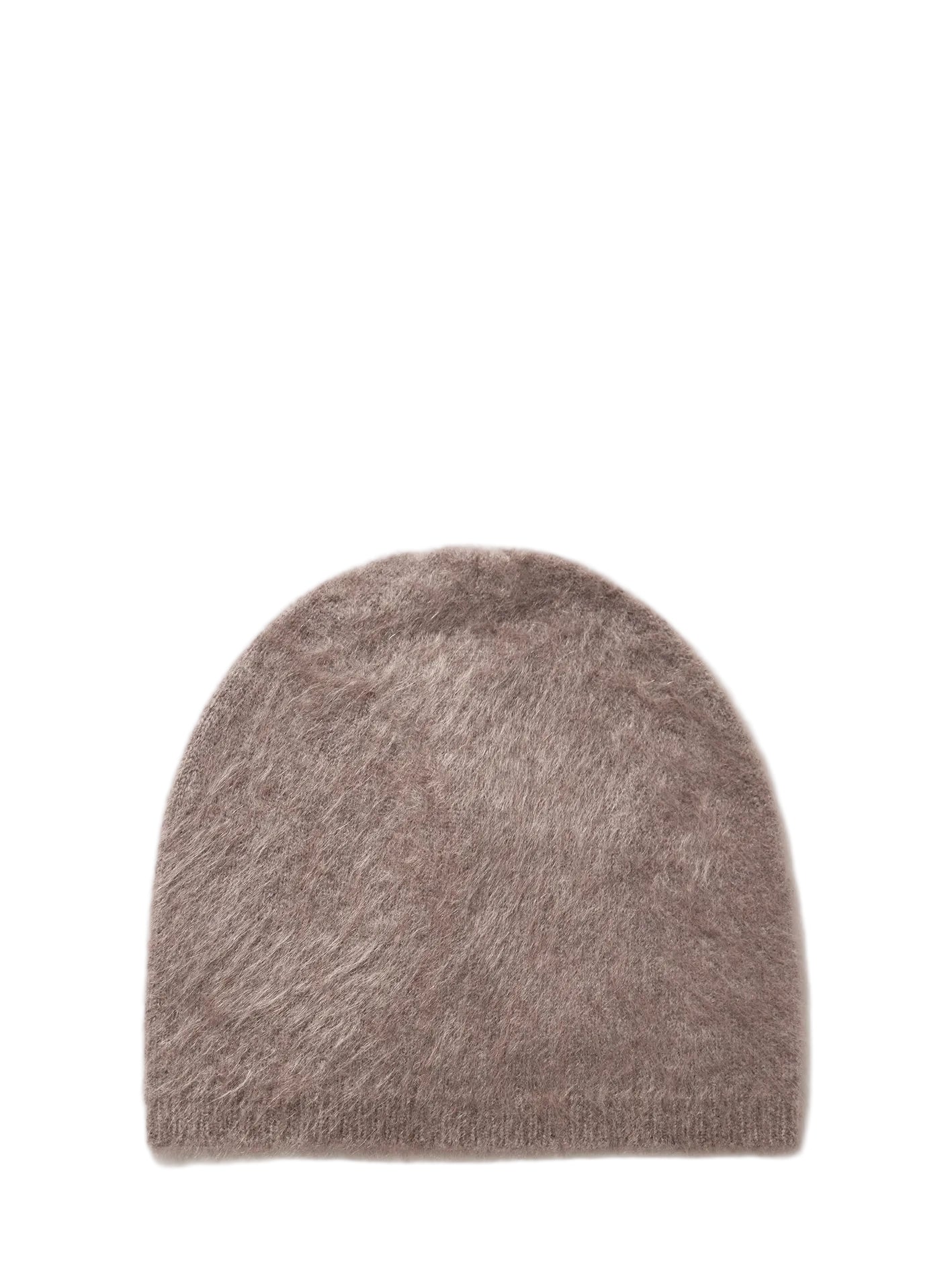 Brown fuzzy beanie on a white background
