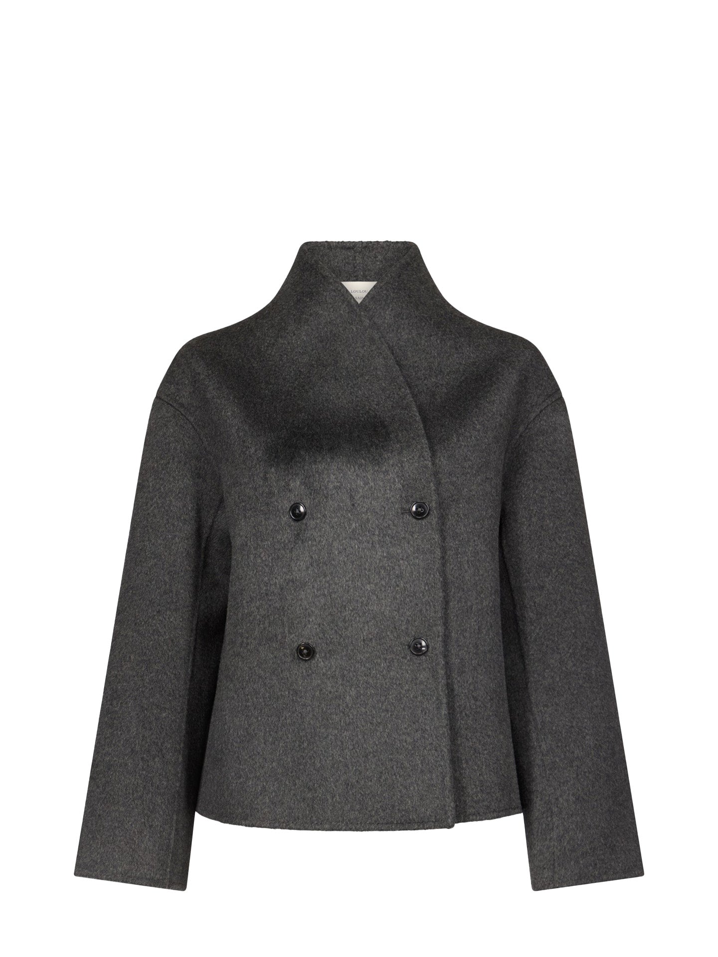 Grey melange woolen peacoat with double-breasted buttons on a white background