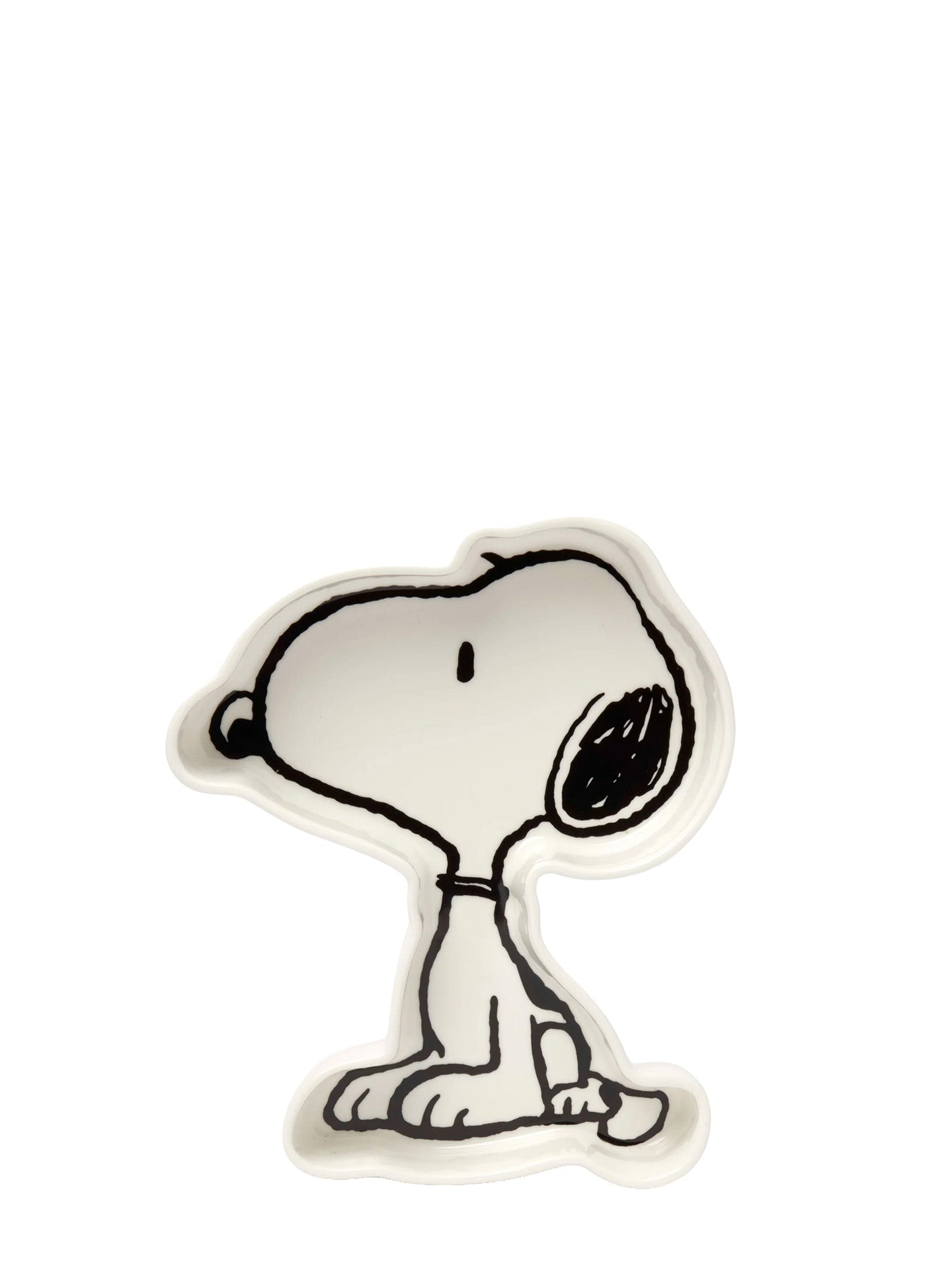 Black and white cartoon dog shaped porcelain dish with ink detailed a sad expression.