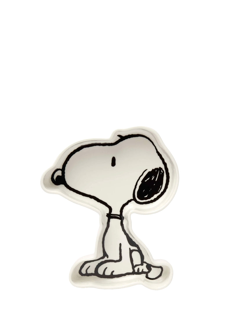 Black and white cartoon dog shaped porcelain dish with ink detailed a sad expression.
