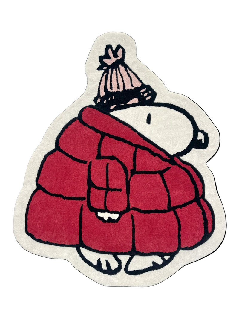 Snoopy rug in a red coat and hat on a white background