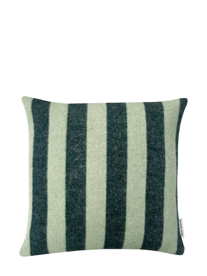 A square throw pillow featuring vertical stripes in dark forest green and a muted sage green, shown against a plain white background.