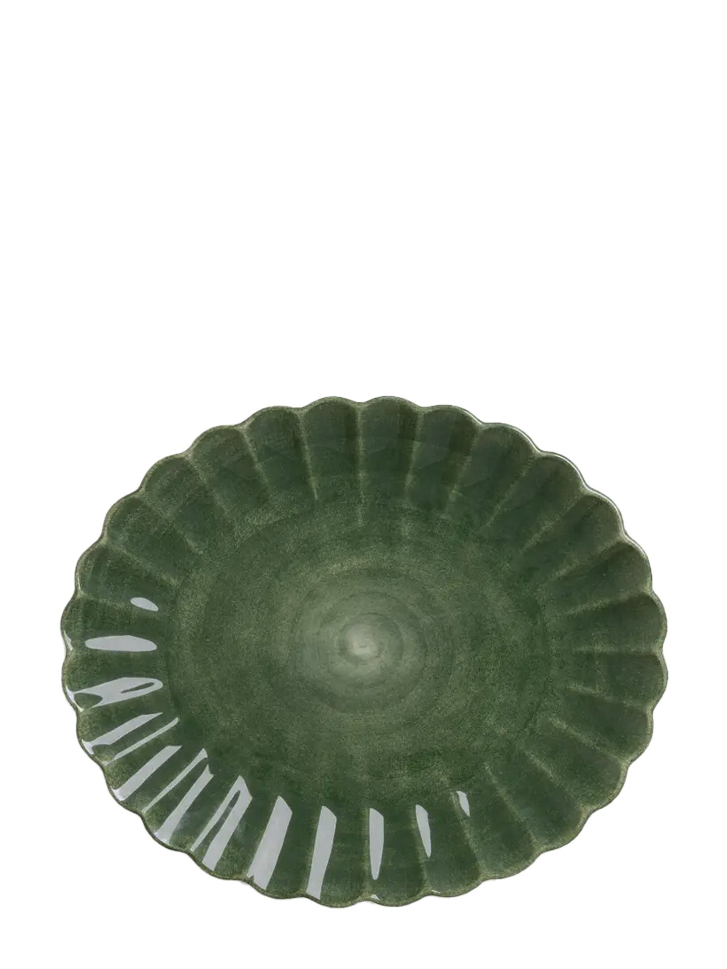 Dark green oval ceramic plate or platter with decorative edge on a white background