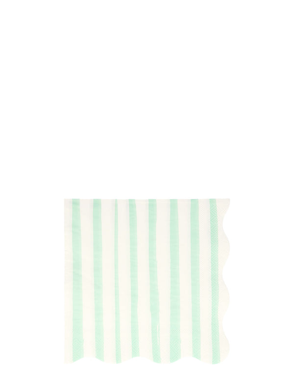 Striped napkin with mint green and white vertical stripes and 2 scalloped edges pictured on a white background