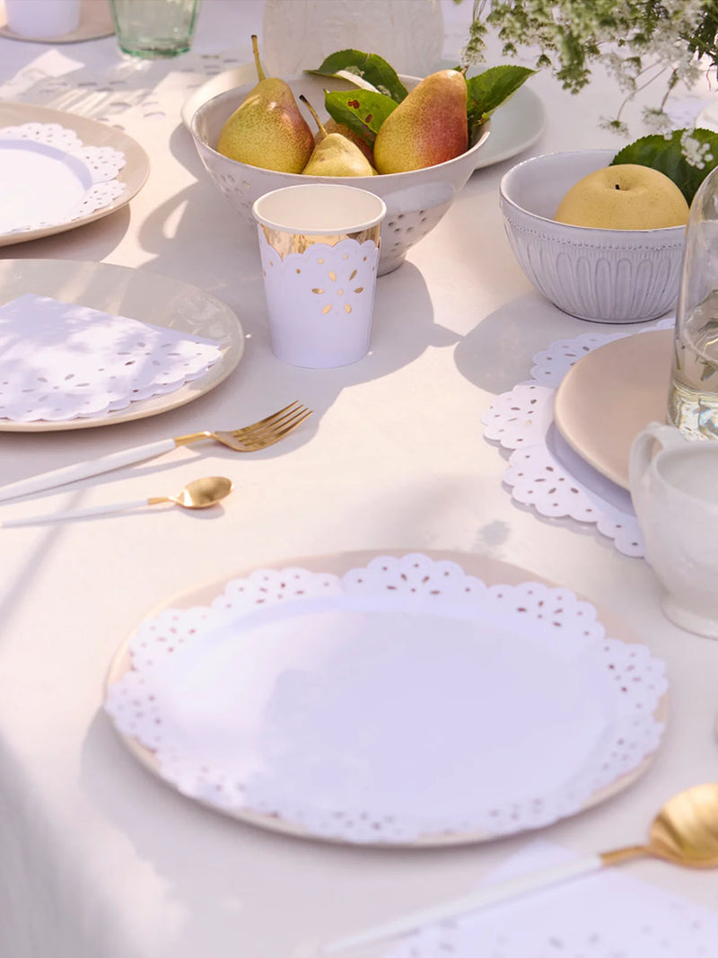 Broderie Anglaise lace white side paper plates