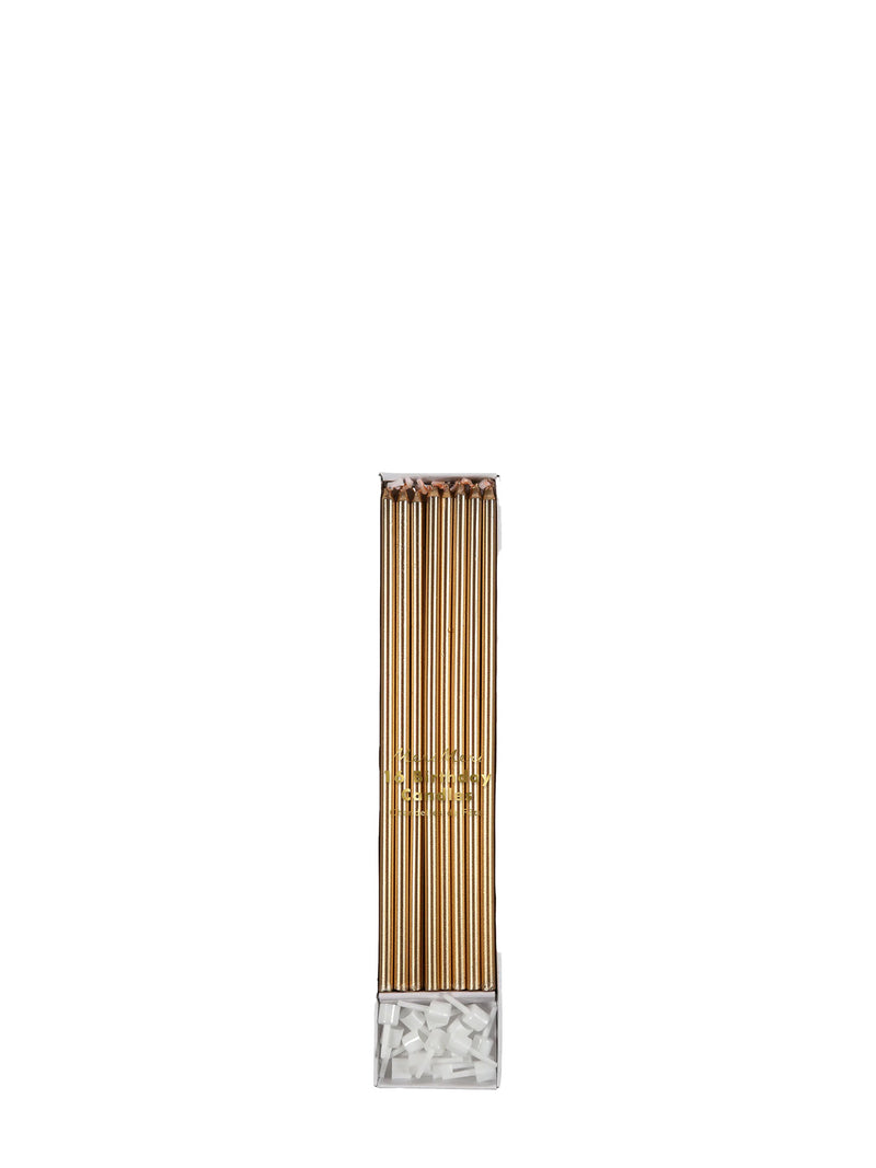 A pack of gold metallic pencils with a clear plastic base filled with white decorative stones, centered on a solid white background.