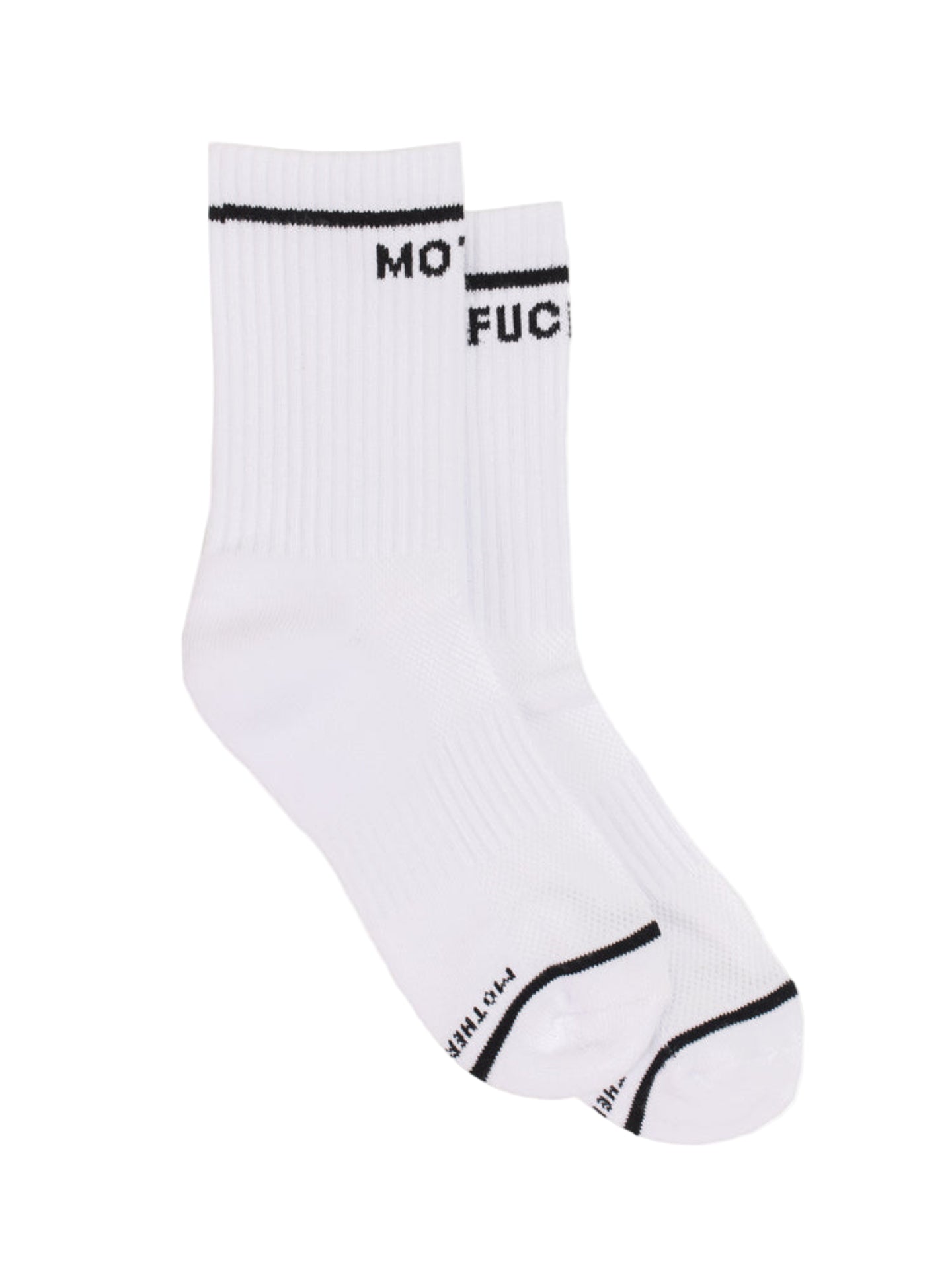 White socks with black text on a white background