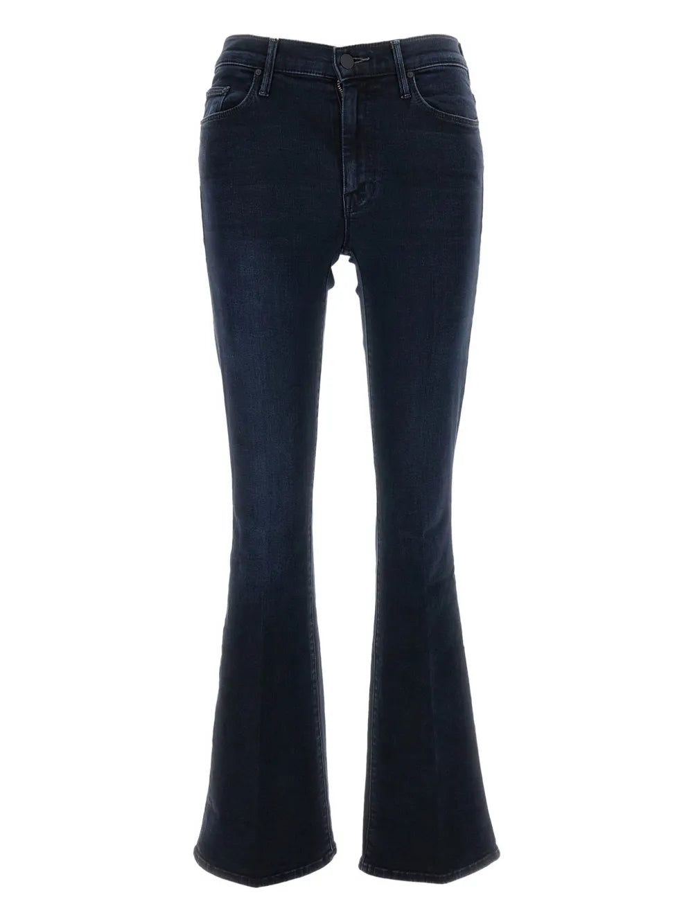 Dark blue flared jeans on a white background