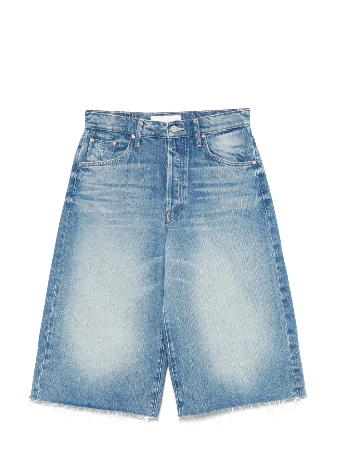 Blue denim shorts on a white background
