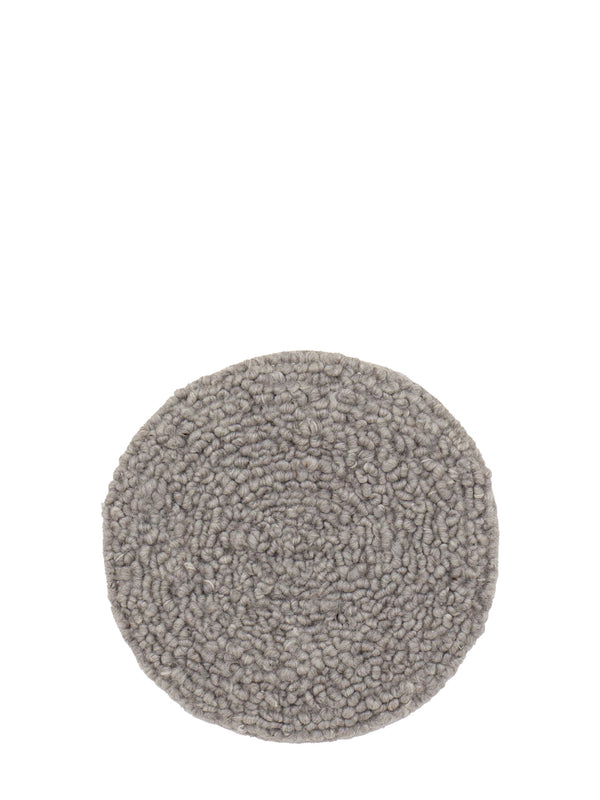 A round, low-pile boucle or sherpa rug in a light gray color, photographed from directly above on a solid white background.