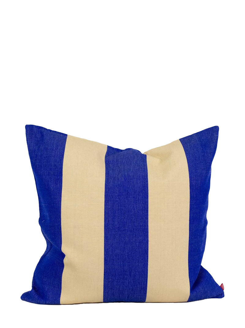 A square throw pillow with vertical stripes in royal blue and cream, shown against a plain white background.