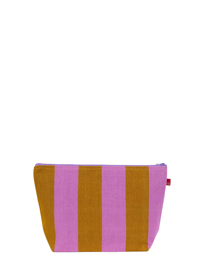 A rectangular zippered pouch with vertical stripes in pink and mustard yellow, shown against a plain white background.