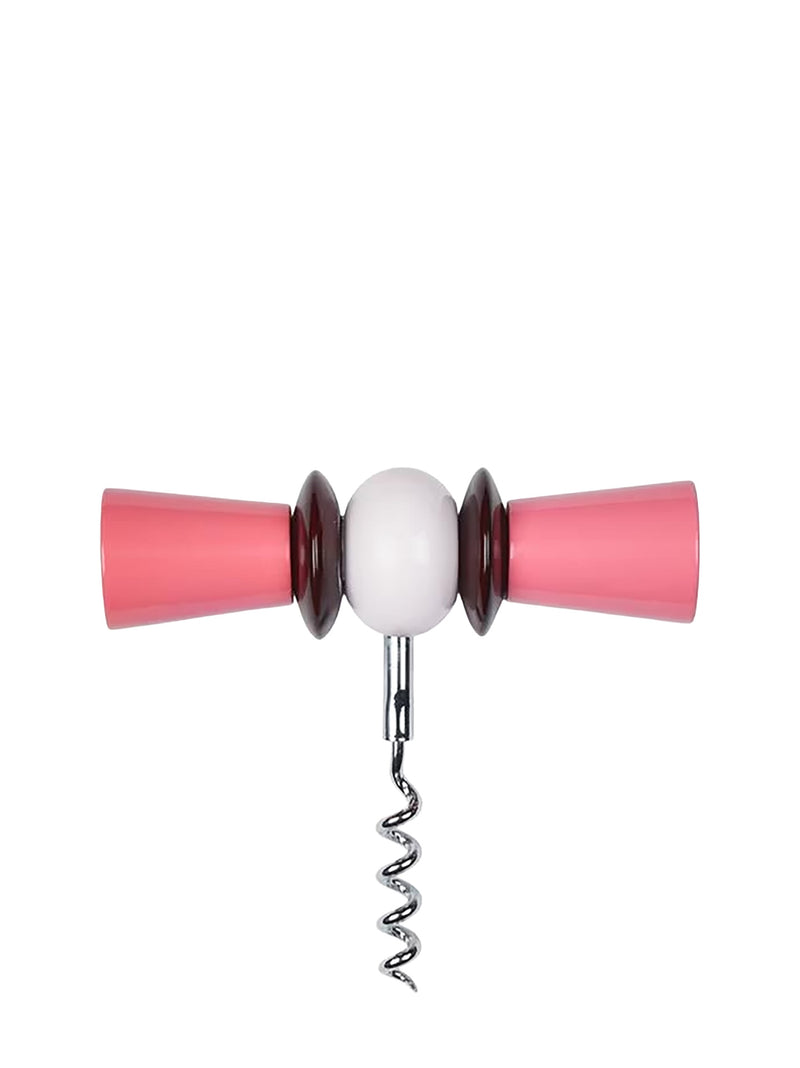 A novelty corkscrew with a white spherical handle, flanked by two pink cone-shaped handles and dark brown accents, featuring a silver metal spiral corkscrew blade.