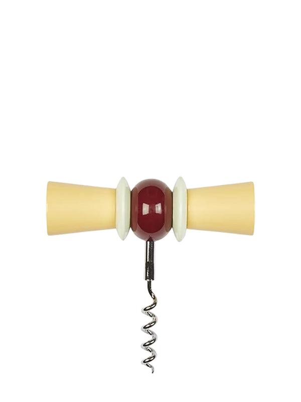 A vintage-style wooden corkscrew with a dark red central bead, cream-colored side beads, and pale yellow wooden end caps, featuring a silver metal spiral corkscrew bit.