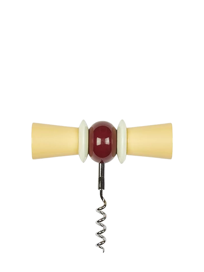 A vintage-style wooden corkscrew with a dark red central bead, cream-colored side beads, and pale yellow wooden end caps, featuring a silver metal spiral corkscrew bit.