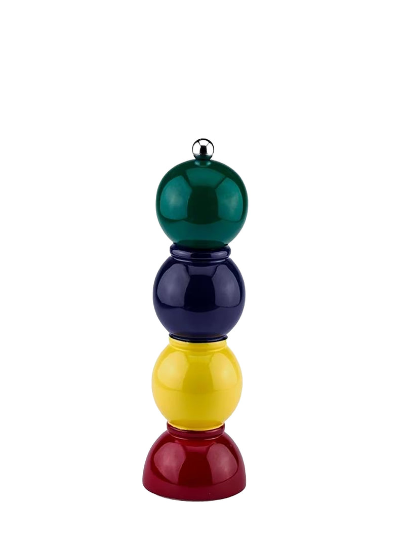 A decorative stacked ornament tower featuring four glossy spherical and dome-shaped tiers in green, navy blue, yellow, and red, with a small silver hanging loop at the top, set against a plain white background.