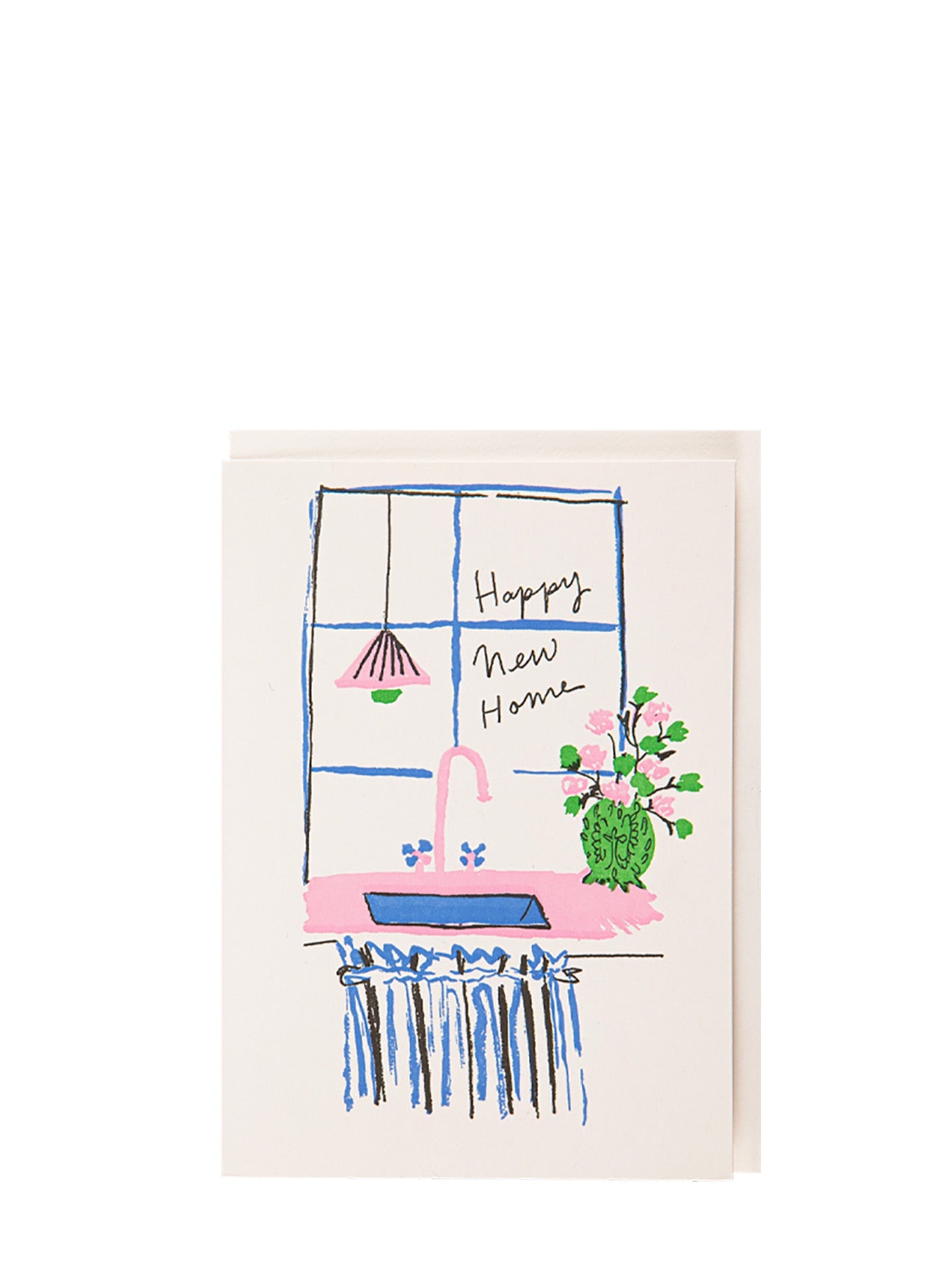 Greeting card with a hand-drawn illustration of a kitchen and 'Happy New Home' text on a white background.