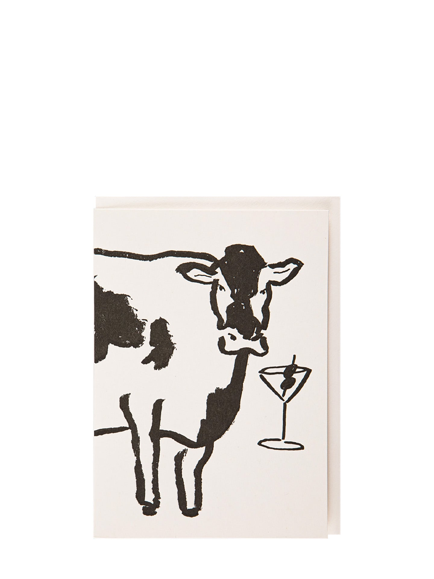 Black and white cow illustration with a martini glass on a white background