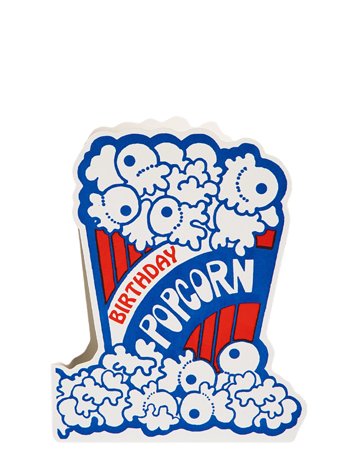 card of a birthday popcorn bucket with blue, red, and white colors on a white background.