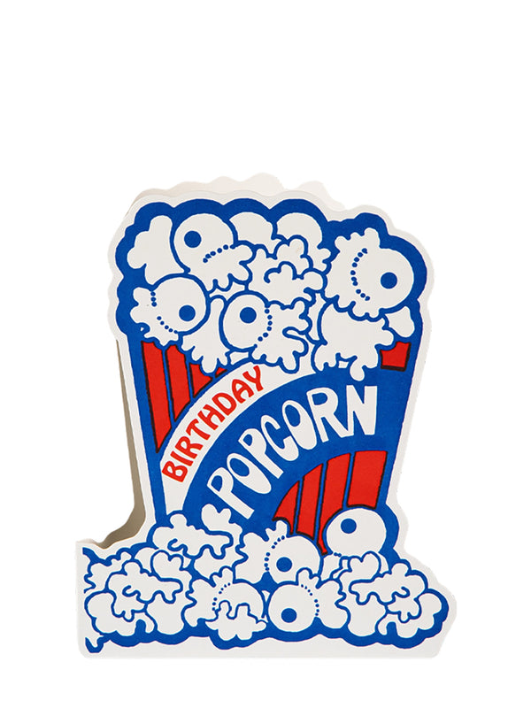 card of a birthday popcorn bucket with blue, red, and white colors on a white background.
