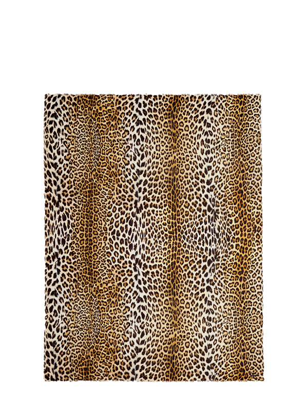 A leopard print fabric panel or curtain featuring a classic animal spot pattern in brown, black, and beige tones, shown flat against a solid white background.