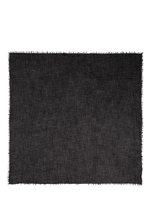 A square black woven scarf with fringed edges, displayed flat against a solid white background.