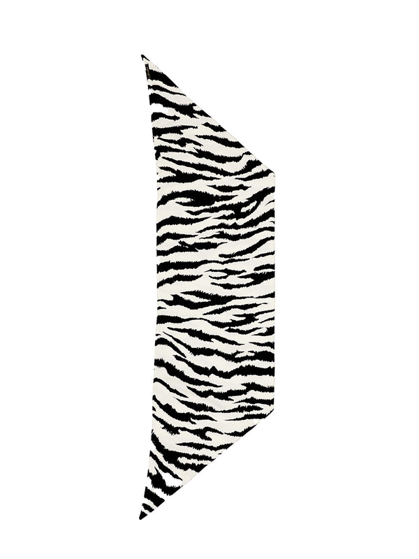 A black and white zebra print fabric accessory, likely a scarf or bandana, shown flat against a solid white background.