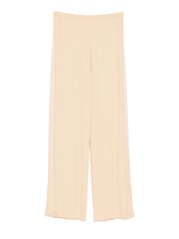 A pair of wide-leg cropped pants in a soft, pale peach-beige color, shown flat against a solid white background.