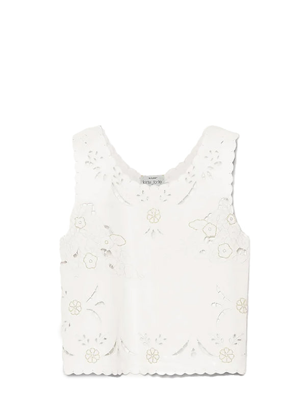 Lace and glass embroidered sleeveless popline cotton top, crystal white