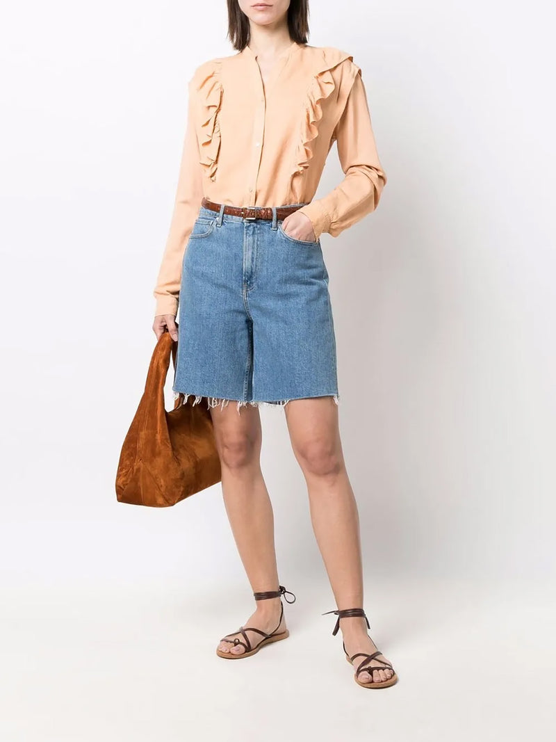 Ruffled-detail V-neck blouse, apricot