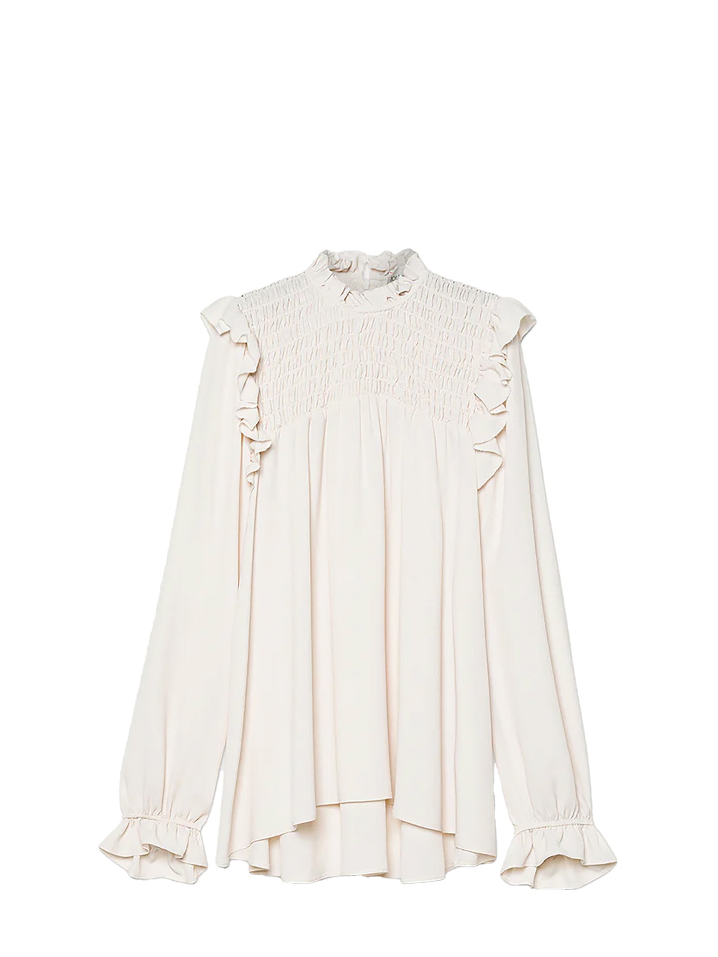 Mixed silk marocaine long sleeves top, white