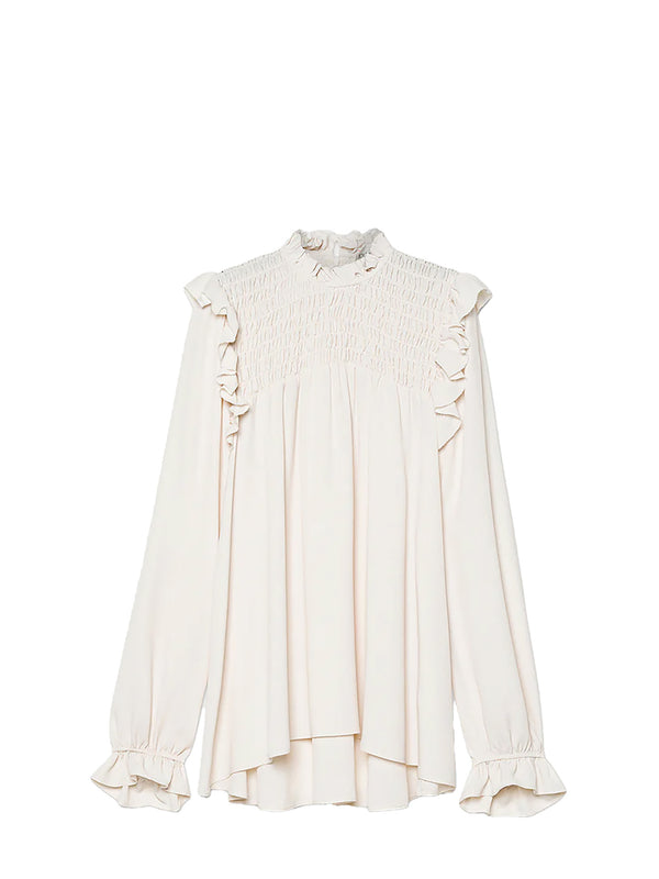 Mixed silk marocaine long sleeves top, white