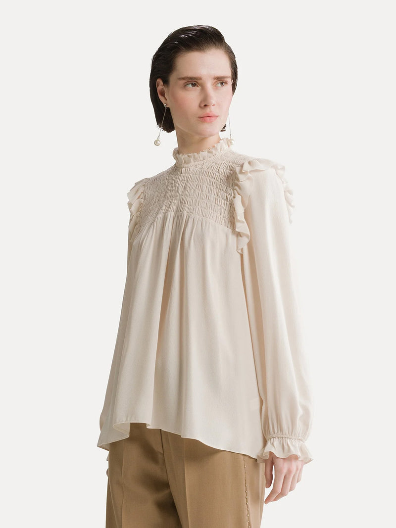 Mixed silk marocaine long sleeves top, white